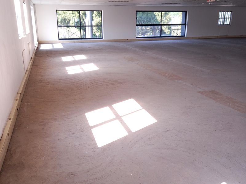 A spacious, open-plan office area featuring a suspended ceiling, recessed lighting, and large windows providing ample natural light. The floor is currently unfinished.