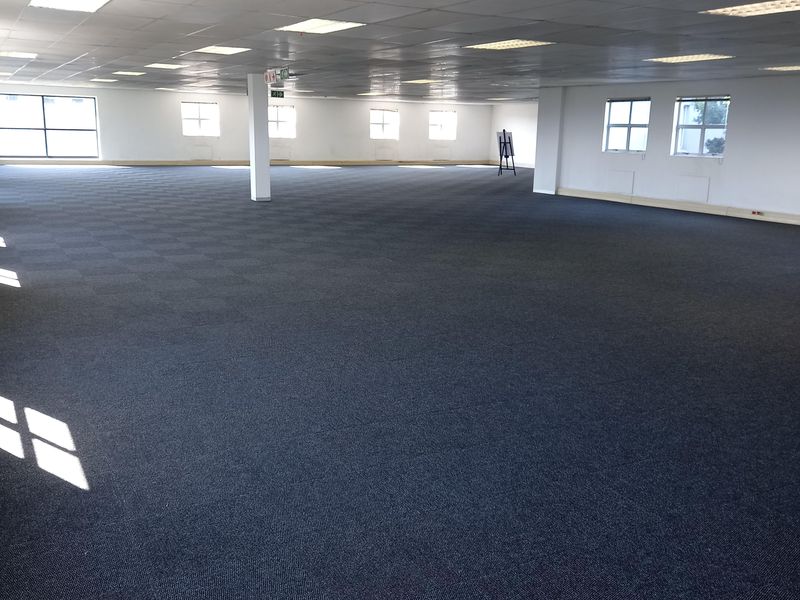 A spacious, open-plan office area featuring a suspended ceiling, recessed lighting, and dark carpet tiles, offering a versatile workspace with ample natural light.