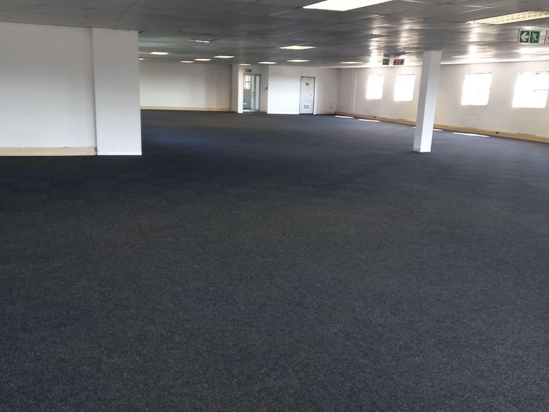 A large, open-plan office space featuring a suspended ceiling with recessed lighting, carpeted flooring, and structural support columns.