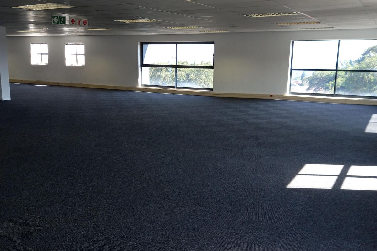 A spacious, open-plan office area featuring carpeted flooring, a suspended ceiling with recessed lighting, and large windows providing ample natural light.