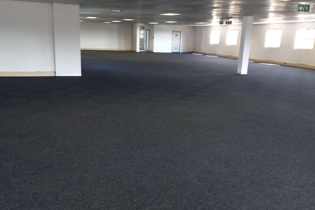 A large, open-plan office space featuring a suspended ceiling with recessed lighting, carpeted flooring, and structural support columns.