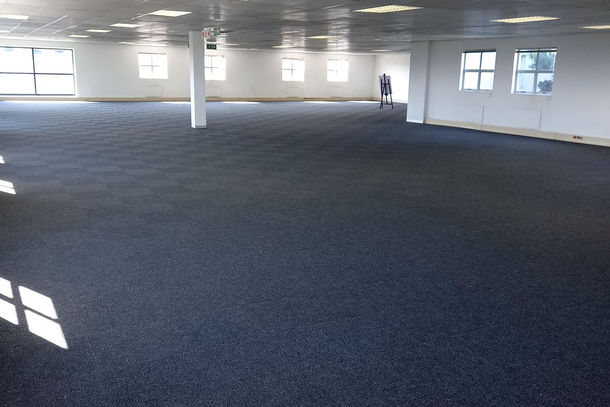 A spacious, open-plan office area featuring a suspended ceiling, recessed lighting, and dark carpet tiles, offering a versatile workspace with ample natural light.