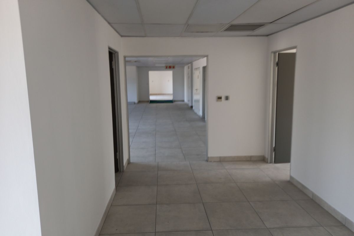 An empty, open-plan office space featuring neutral tiled flooring and a suspended ceiling, providing a clean and versatile professional environment.