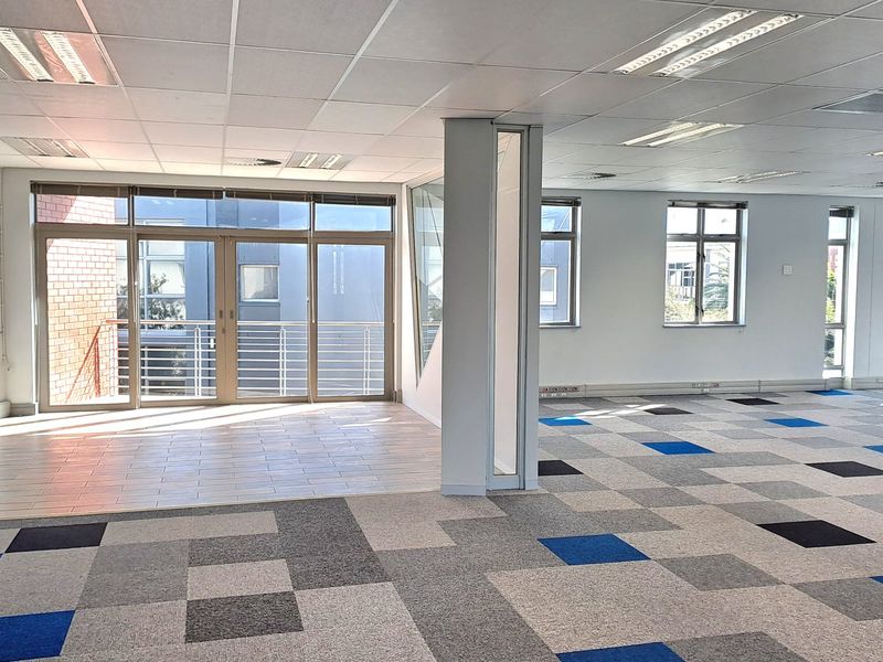 Spacious open-plan office area featuring a suspended ceiling, recessed lighting, patterned carpet tiles, and large windows providing ample natural light.