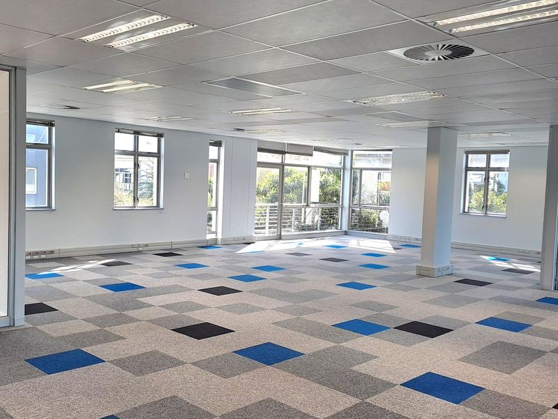 A spacious, open-plan office area featuring a suspended ceiling, recessed lighting, and modern patterned carpet tiles with large windows providing natural light.