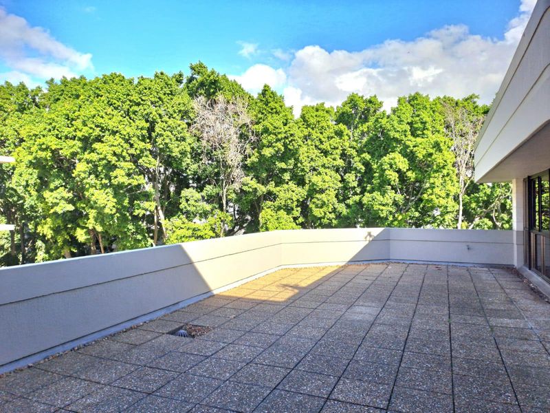 A spacious outdoor balcony featuring concrete paving, a solid parapet wall, and a pleasant outlook towards mature trees.