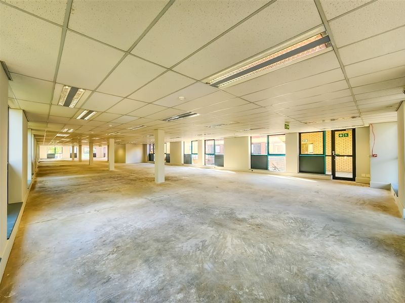 A large, open-plan office space featuring a suspended ceiling, recessed lighting, and expansive windows, currently presented as a blank canvas for custom fit-out.