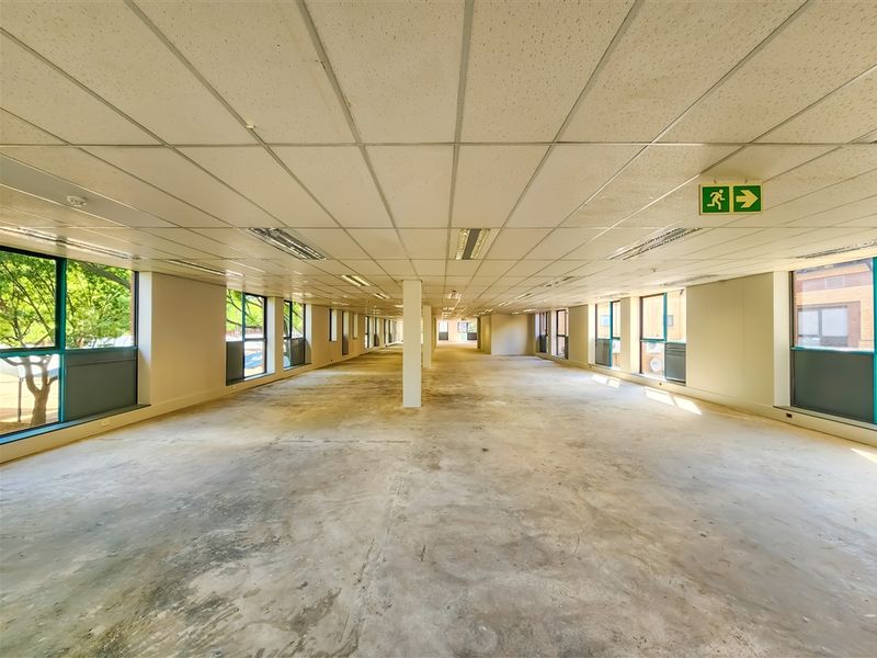 A large, open-plan office space featuring a suspended ceiling, recessed lighting, and expansive windows, currently in a shell condition with exposed concrete flooring.