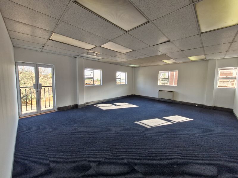 Spacious, empty office suite featuring blue carpeting, suspended ceiling with recessed lighting, and access to a small balcony through double glass doors.