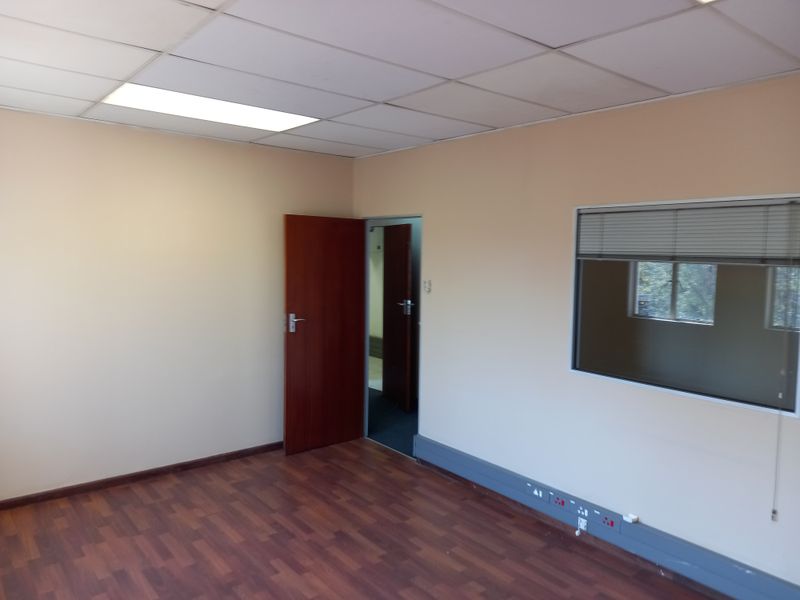 A clean, empty office space featuring laminate flooring, a suspended ceiling with recessed lighting, and integrated skirting trunking for electrical and data connectivity.