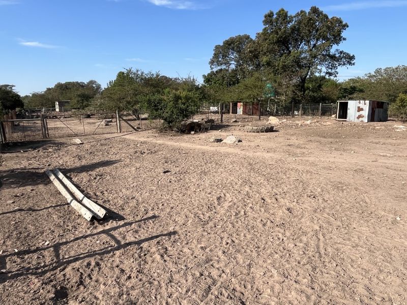 An expansive outdoor area on a small holding featuring wire fencing, a metal gate, and a small corrugated metal structure.