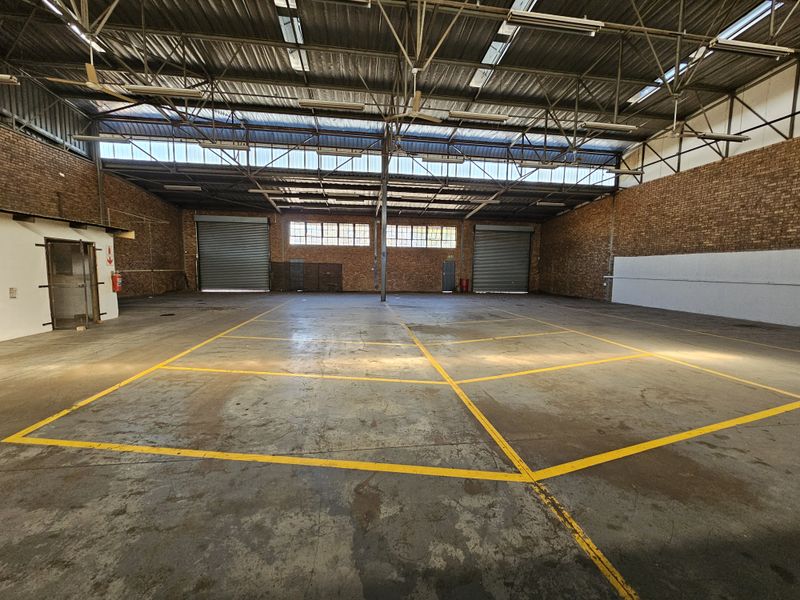 Spacious industrial warehouse featuring high exposed steel roof trusses, concrete flooring with marked bays, roller shutter doors, and natural light from skylights.