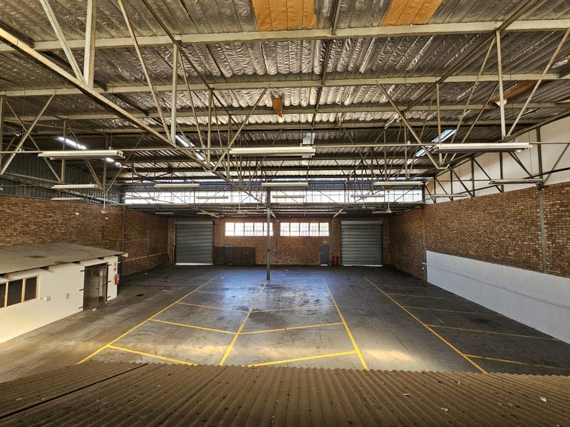 Spacious industrial warehouse featuring high exposed steel truss ceilings, concrete flooring with marked bays, and dual roller shutter doors for efficient access.