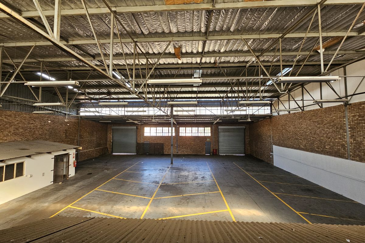Spacious industrial warehouse featuring high exposed steel truss ceilings, concrete flooring with marked bays, and dual roller shutter doors for efficient access.