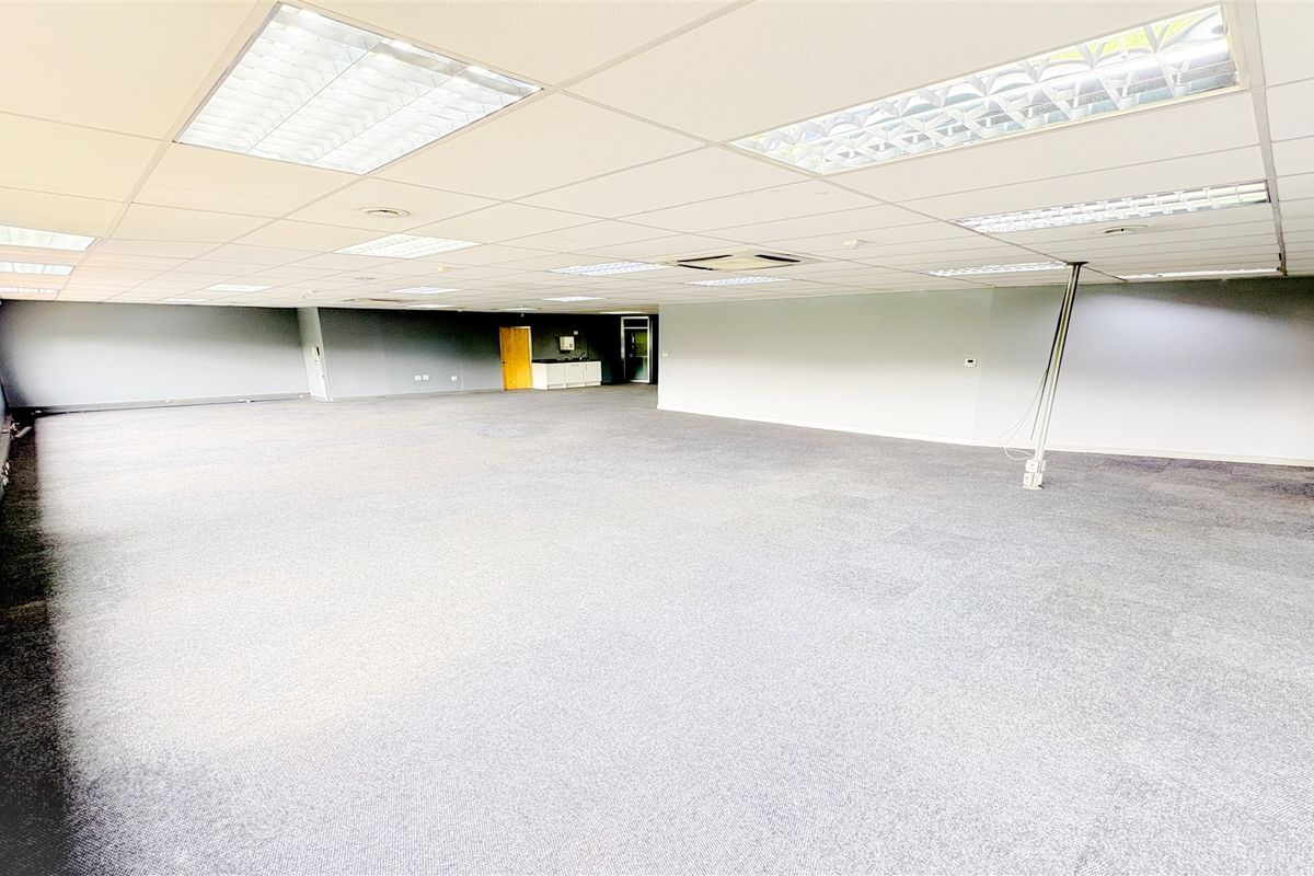 A spacious, open-plan office area featuring a suspended ceiling with recessed lighting and carpeted flooring, offering a versatile workspace layout.