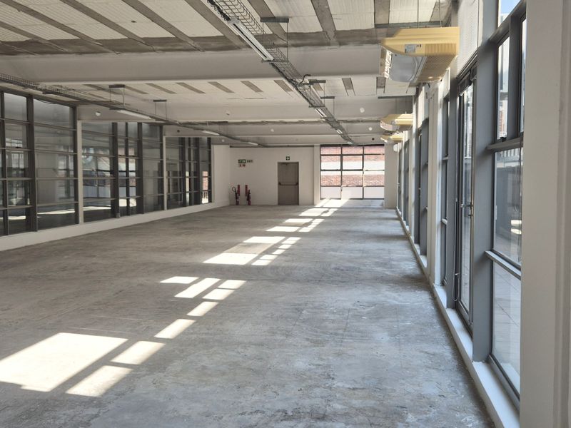 A large, open-plan office space featuring exposed concrete ceilings, extensive natural light from large windows, and industrial-style exposed cable trays.