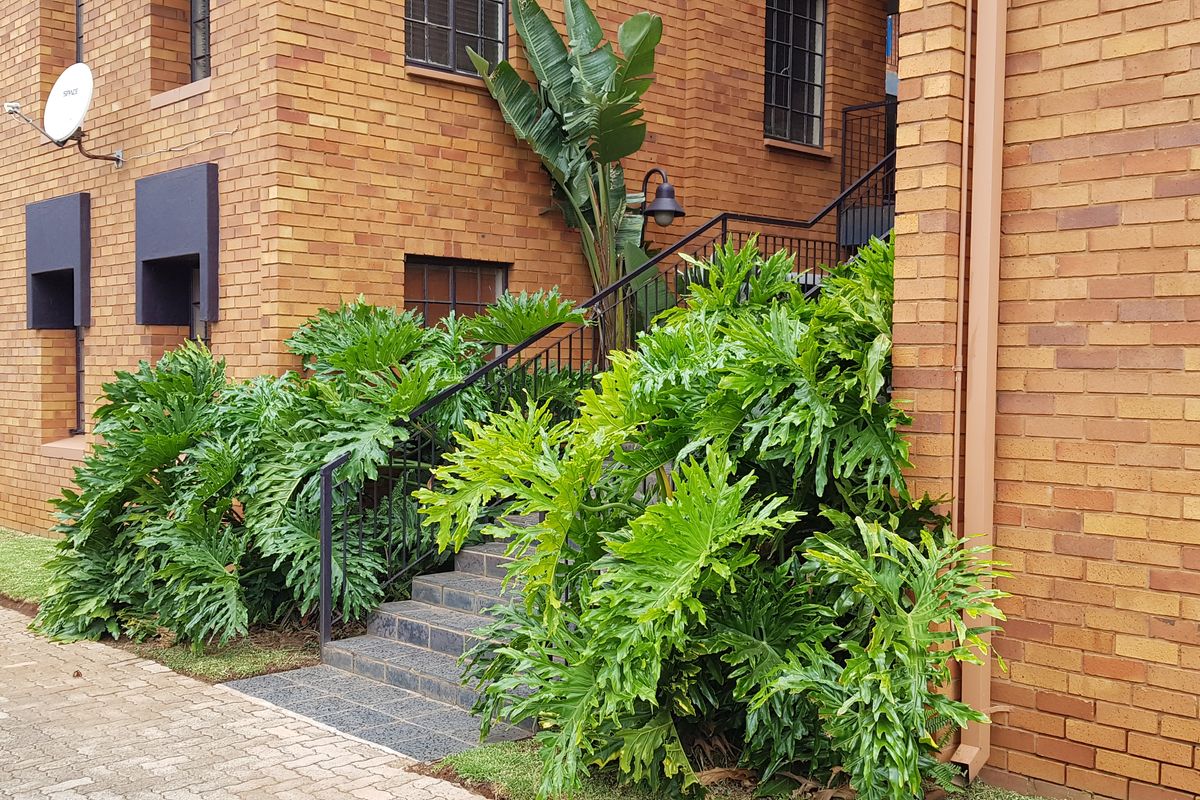 A view of the brick office building exterior featuring a metal staircase, paved walkway, and established garden landscaping.