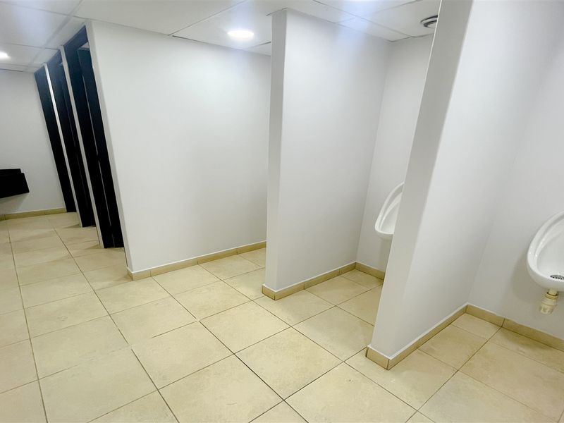 A clean, functional commercial office bathroom featuring multiple urinals, tiled flooring, and partition walls for privacy.