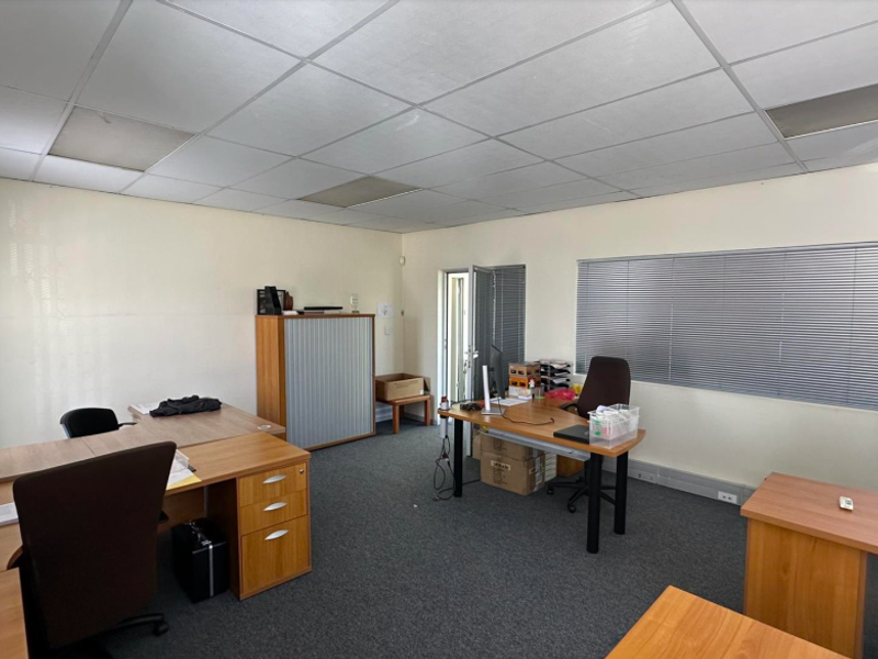 Functional office space featuring carpeted flooring, a suspended ceiling system, and window blinds, providing a practical workspace environment.
