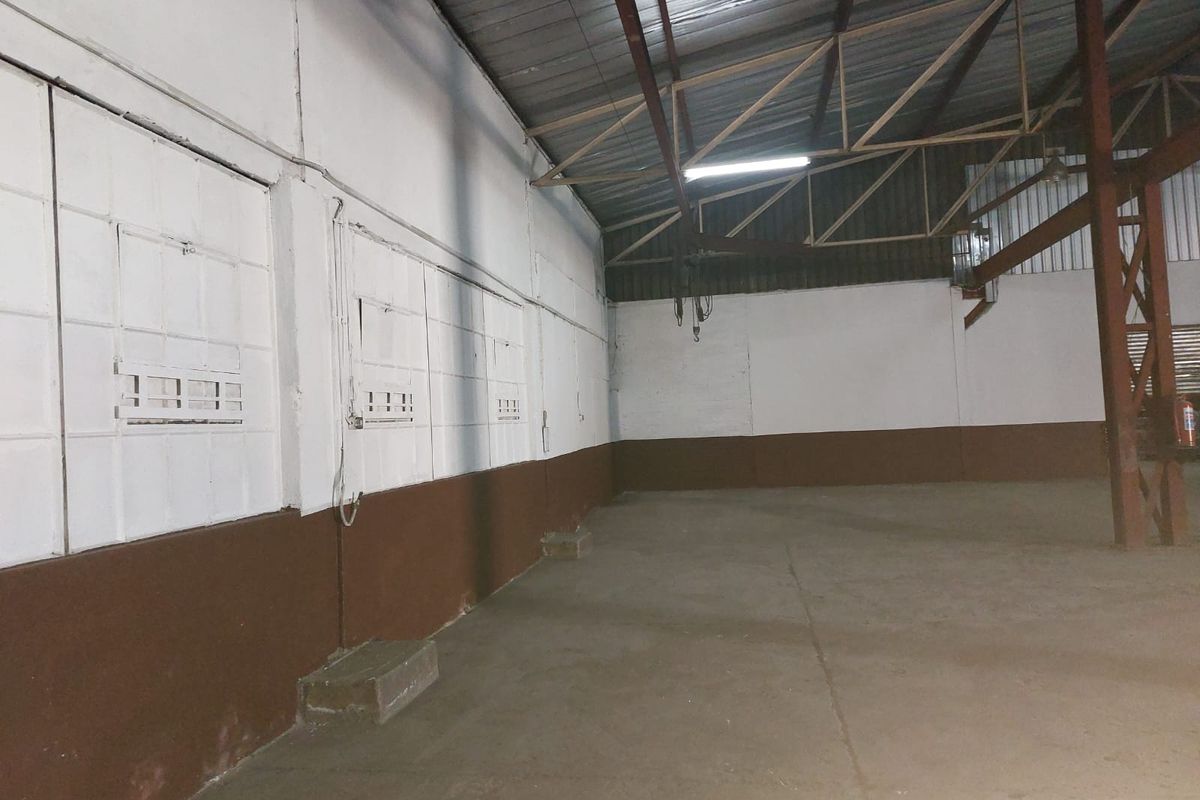 Spacious industrial warehouse interior featuring high exposed steel truss ceilings, concrete flooring, and secure wall-mounted shutters.