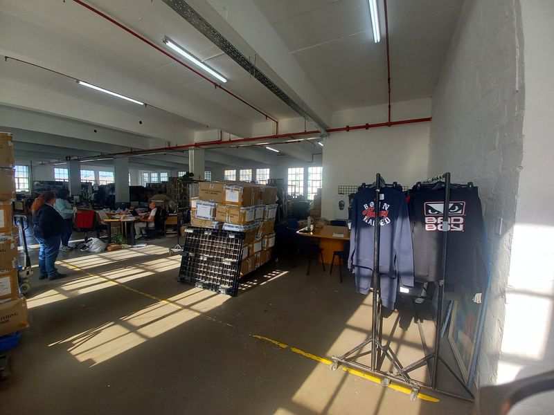Spacious industrial utility area featuring exposed fire sprinkler systems, high ceilings with fluorescent lighting, and durable concrete flooring suitable for warehouse or workshop operations.