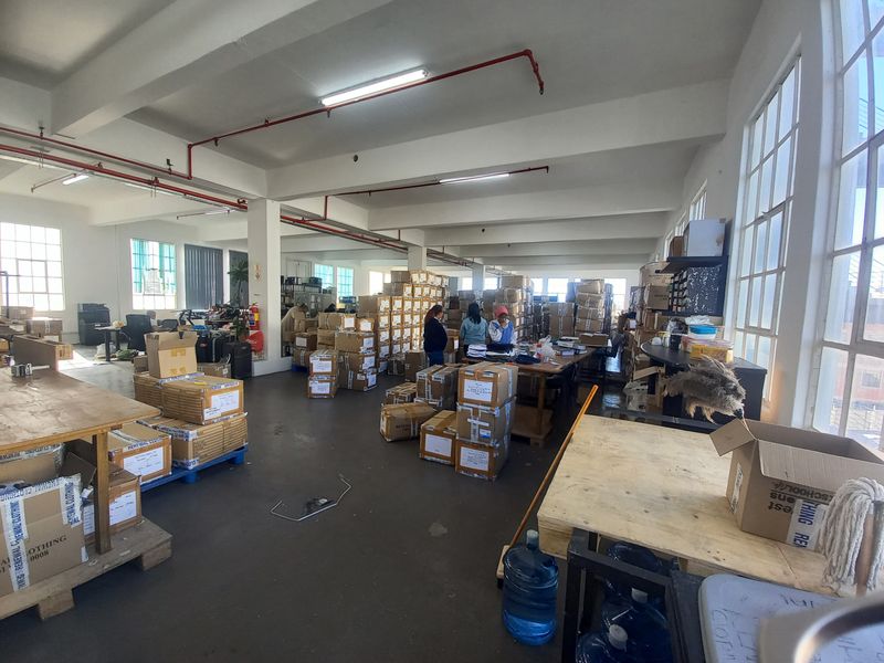 Spacious industrial utility area featuring high ceilings, exposed fire sprinkler systems, and large steel-framed windows providing ample natural light.