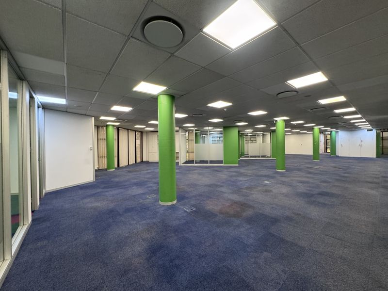 Expansive open-plan industrial office space featuring structural columns, suspended ceilings with recessed lighting, and blue carpet flooring.