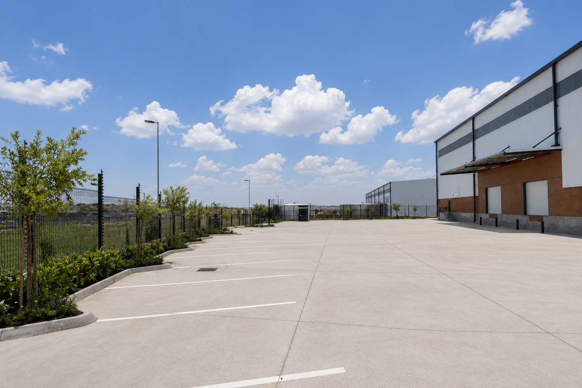 Spacious industrial concrete yard featuring marked parking bays, perimeter fencing, and modern warehouse facade with loading access.