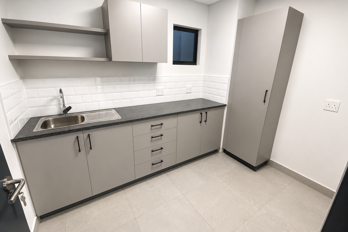 A modern, clean kitchenette or utility area featuring grey cabinetry, a stainless steel sink, subway tile backsplash, and tiled flooring.