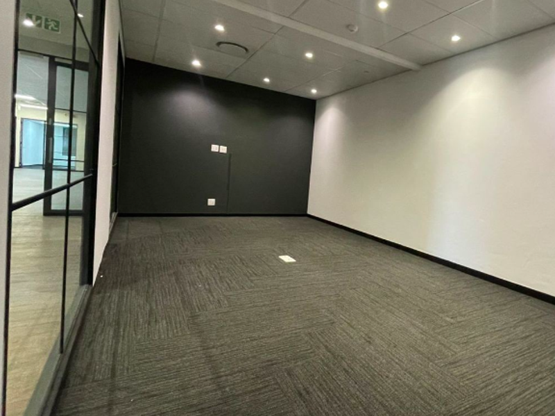 A modern, empty office space featuring dark carpet tiles, a glass partition wall, and a suspended ceiling with recessed downlighting.