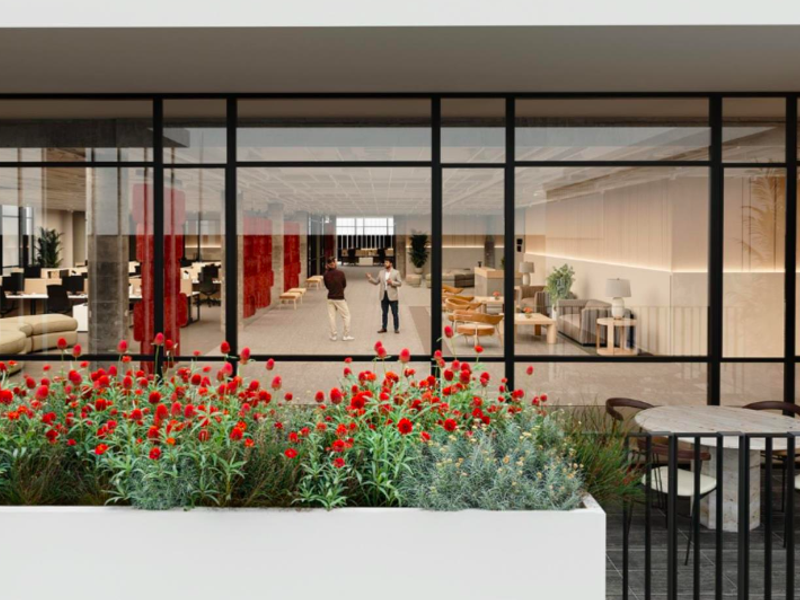 Modern office space viewed through a large glass facade, featuring an open-plan layout, concrete structural elements, and a contemporary exterior planter box.