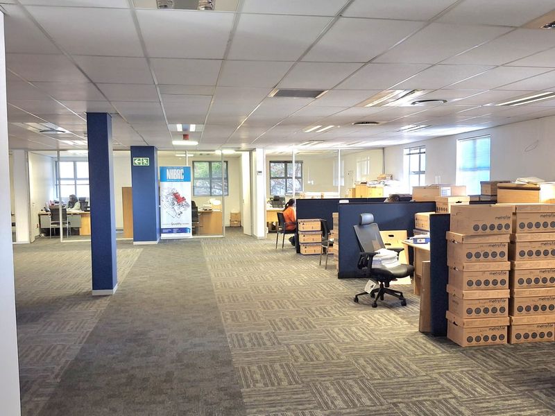 Open-plan office space featuring suspended ceilings, recessed lighting, carpet tiles, and glass-partitioned private offices.