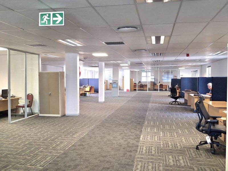 Open-plan office space featuring suspended ceilings, recessed lighting, carpet tiles, and glass-partitioned work areas.