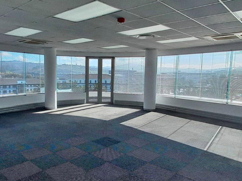Spacious, empty corner office featuring extensive floor-to-ceiling windows, suspended ceilings with recessed lighting, and carpeted flooring with panoramic views.
