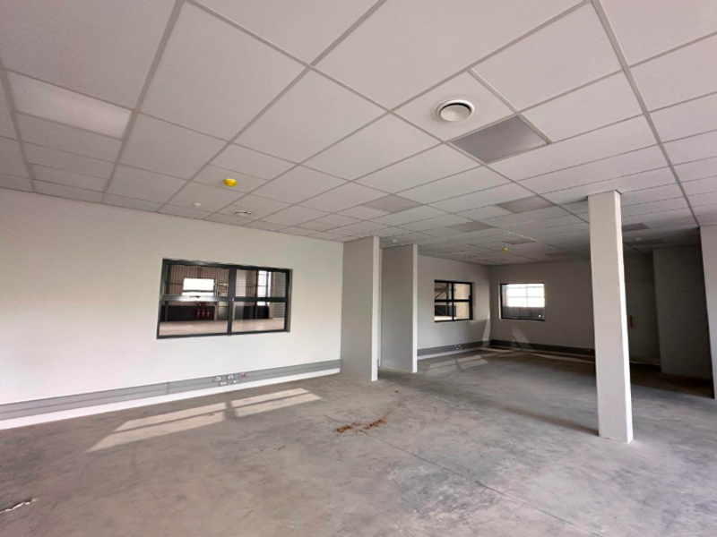An open-plan industrial office space featuring a suspended ceiling, concrete flooring, and structural columns, offering a versatile layout for various business operations.