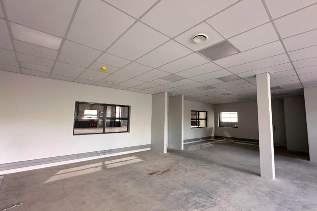 An open-plan industrial office space featuring a suspended ceiling, concrete flooring, and structural columns, offering a versatile layout for various business operations.