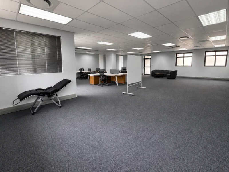 Spacious open-plan office area featuring suspended ceilings, recessed lighting, and neutral carpeting, providing a versatile workspace environment.