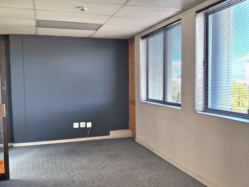 A vacant office space featuring a suspended ceiling, grey carpet flooring, and large windows with fitted venetian blinds.