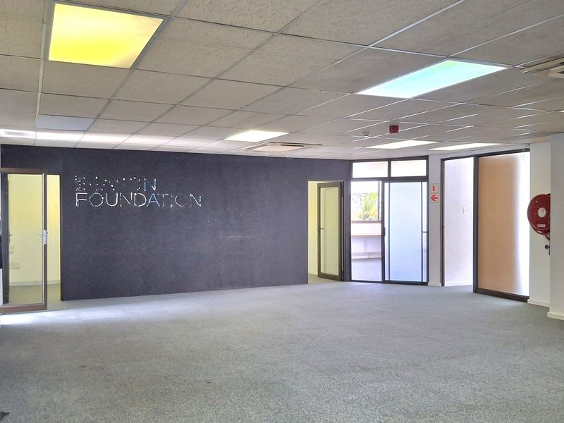 Spacious open-plan office area featuring a suspended ceiling, recessed lighting, and carpeted flooring with multiple glass access doors.