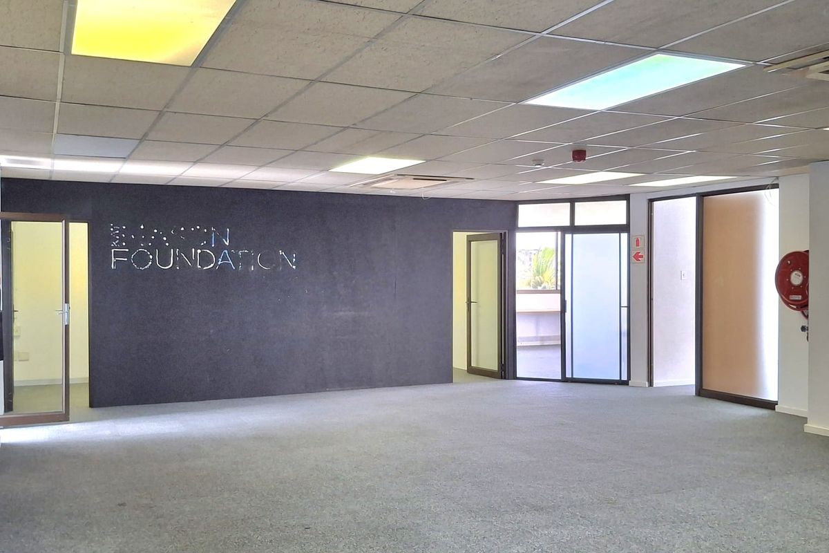 Spacious open-plan office area featuring a suspended ceiling, recessed lighting, and carpeted flooring with multiple glass access doors.