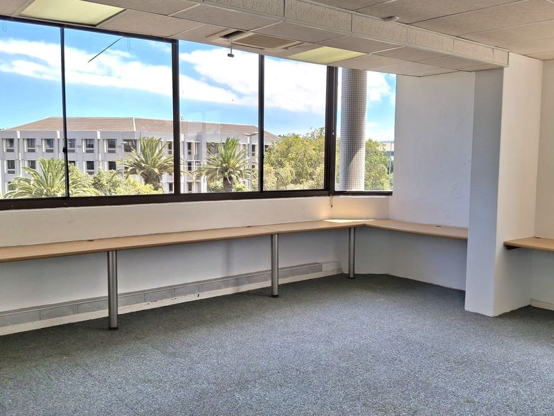 An empty office space featuring large windows, built-in desk surfaces, suspended ceilings, and carpeted flooring, offering a bright and functional workspace.