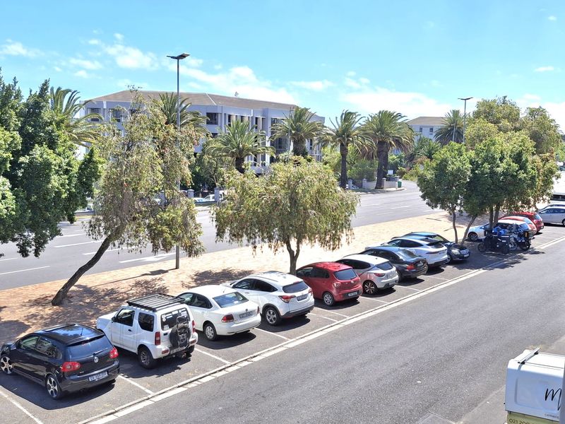 An elevated view of a street-side parking area with mature trees and surrounding urban infrastructure.