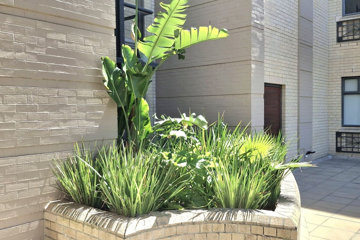A well-maintained paved courtyard area featuring a built-in brick planter box against a brick building facade.