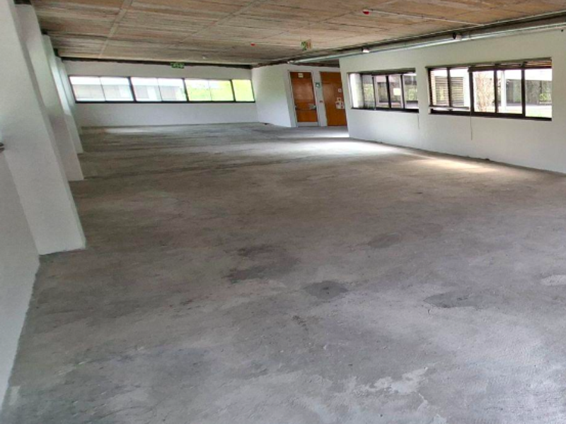 A large, open-plan office space featuring an exposed concrete ceiling, polished concrete floors, and extensive natural light from multiple horizontal windows.
