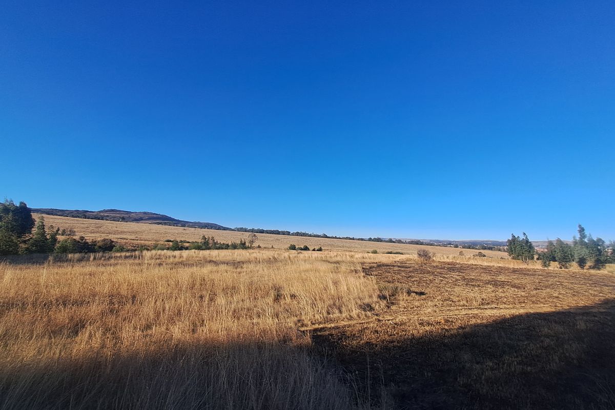 A wide-angle view of open, undeveloped commercial land featuring dry grassland and natural terrain under a clear blue sky.