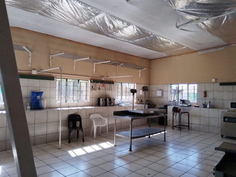 A functional utility or processing space featuring tiled surfaces, stainless steel prep tables, and wall-mounted shelving, suitable for farm operations or commercial use.