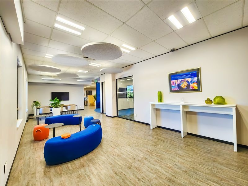 Modern open-plan office space featuring suspended acoustic ceiling panels, wood-look flooring, and a glass-partitioned meeting area.