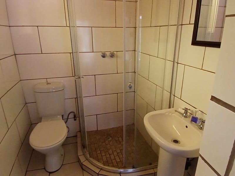 A compact bathroom featuring a corner shower enclosure, pedestal basin, and toilet with white wall tiling.