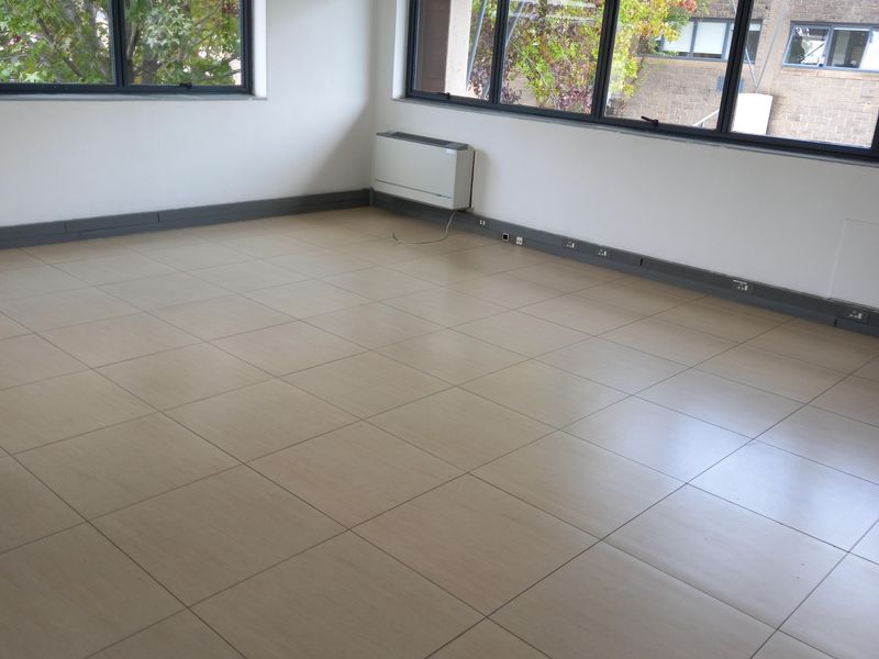 A bright, vacant office space featuring tiled flooring, suspended ceilings with recessed lighting, and large windows providing natural light.