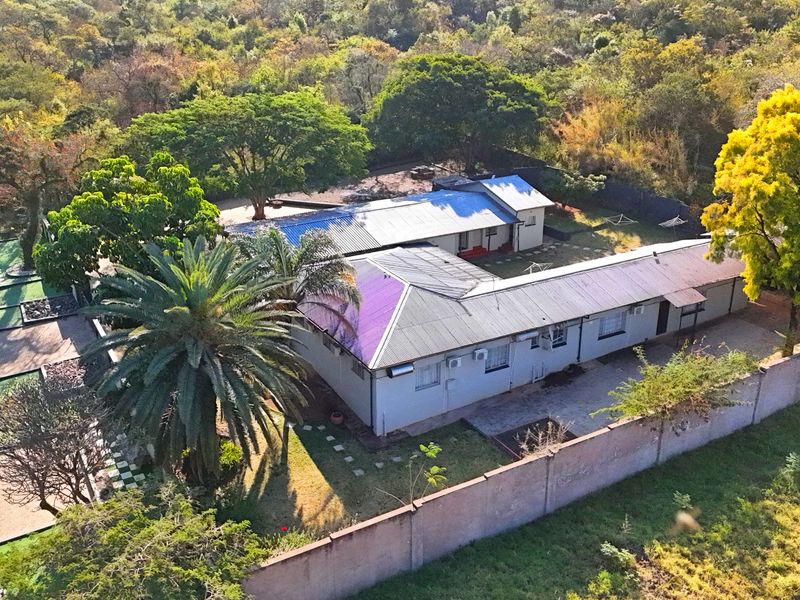 Aerial view of the guest house property featuring a metal roof, perimeter wall, and established garden surroundings.